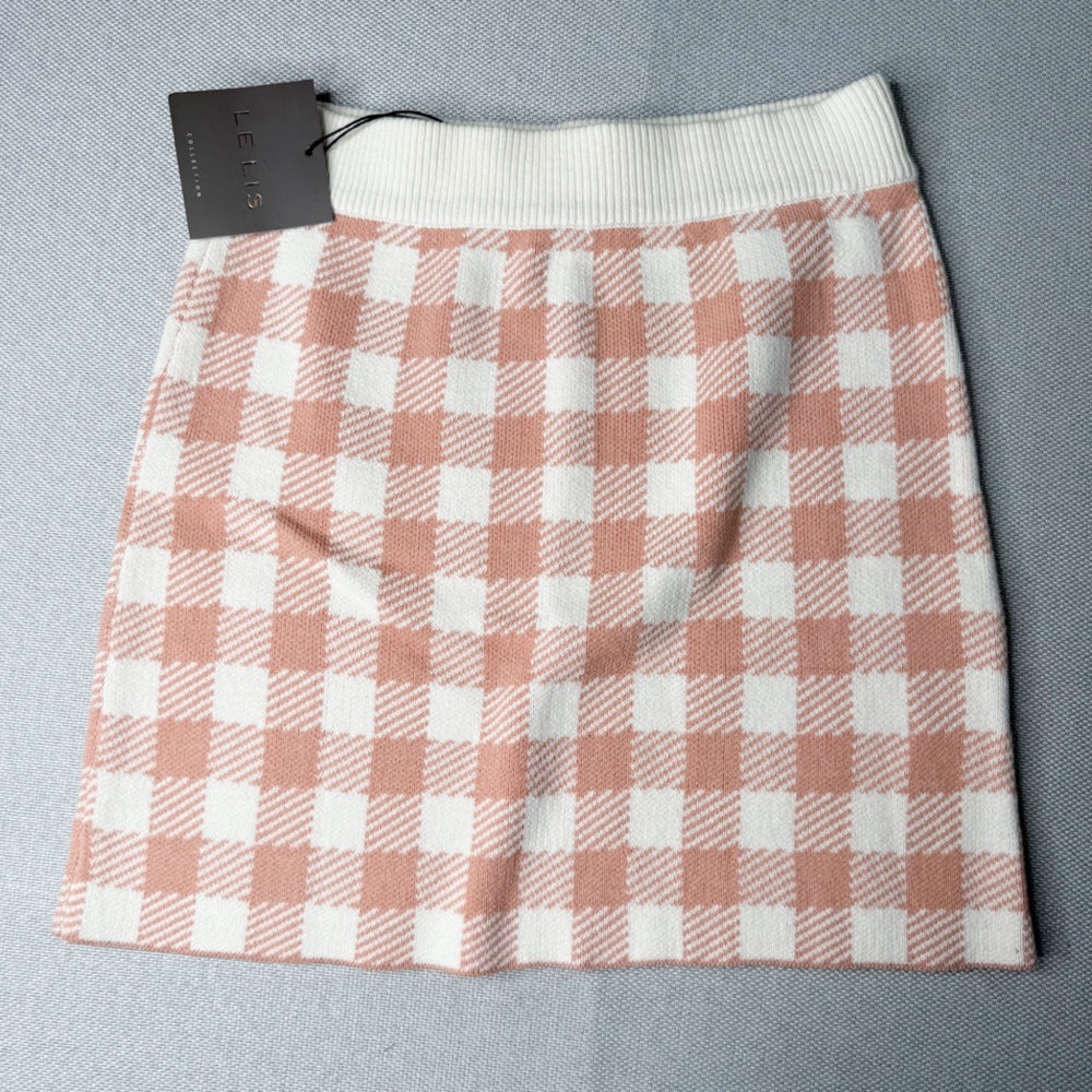 Le Lis Gingham Mini Skirt Cream and Blush Checkered‎ Knit A-Line Small NWT